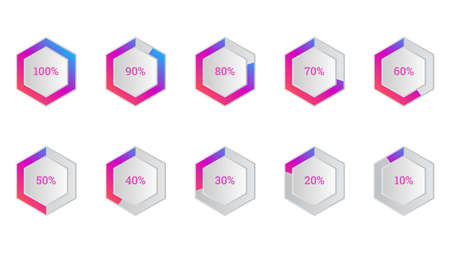 percentage infographics elements set in shape of hexagon with gradient progress indicatorのイラスト素材