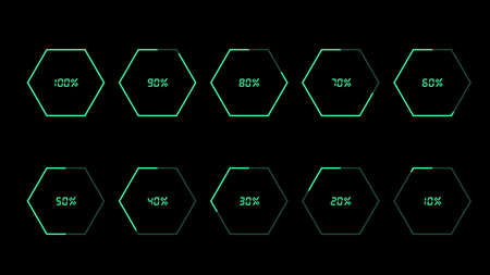 Percentage infographics elements set in shape of bright hexagon stroke