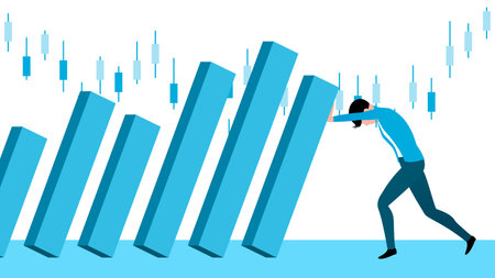 Man trying to push falling graph bar due to market crisis, global recession vector illustrationのイラスト素材