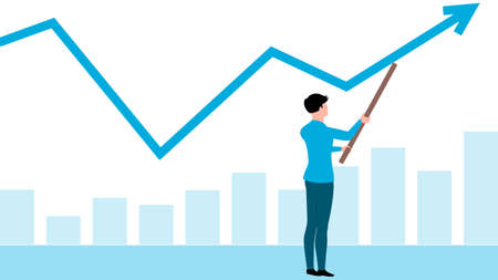 Man lifting graph with help of stick, flat business character vector illustration.のイラスト素材