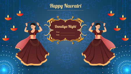 Happy Navratri, Traditionally dressed women character on dandiya night banner vector.の写真素材