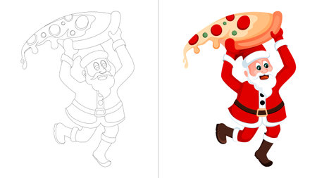 happy santa jumping with giant pizza slice, coloring page for kids.のイラスト素材