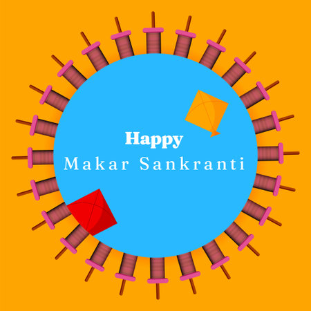 happy makar sankranti banner created with colorful kite and charkhi objectsのイラスト素材
