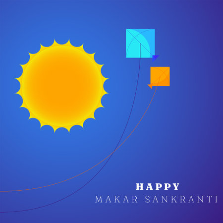 happy makar sankranti banner created with sun and colorful kite object in gradient skyのイラスト素材
