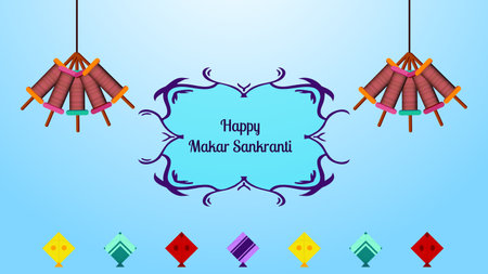 happy makar sankranti banner created with bunch of charkhi and colorful kitesのイラスト素材