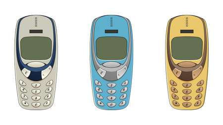 Vector illustration of a set of vintage mobile phones in different colors.のイラスト素材