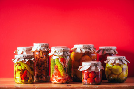 squash and tomatoes pickling and canning into glass jars. Ingredients for vegetables preserving. Healthy fermented food concept. Harvest storing.の写真素材