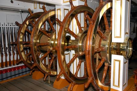 huge ship wheel on the ancient war ship