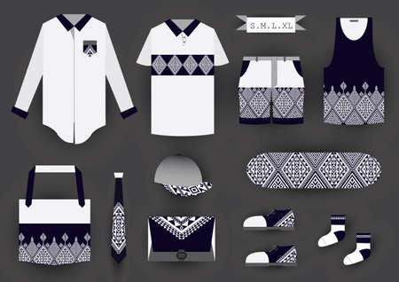 Corporate design fashion set template. T-shirt,clothing,bag,shoes,necktie,cap and skateboard.のイラスト素材