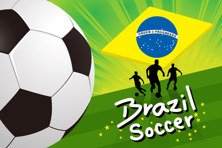 brazil soccer player ball on green field background with brazilian flag vectorのイラスト素材