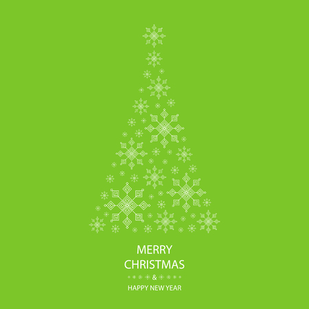Christmas tree shaped from white snowflakes on green background with white text graphics Merry Christmas and Happy New Yearのイラスト素材