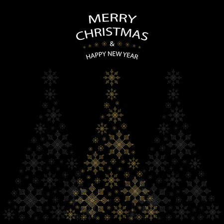 Christmas tree shaped from gold snowflakes on black background with white text graphics Merry Christmas and Happy New Yearのイラスト素材