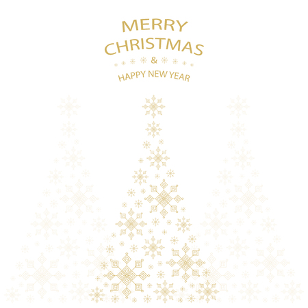 Christmas tree shaped from gold snowflakes on white background with gold text graphics Merry Christmas and Happy New Yearのイラスト素材