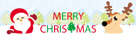 Santa claus and reindeer on snow with snowy hills and text graphics Merry Christmas bannerのイラスト素材