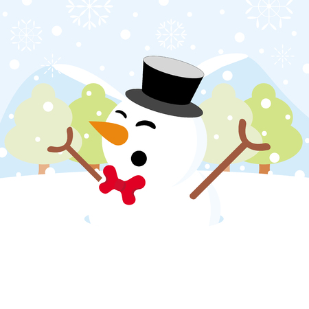 Snowman on snow with snowy hills forests and snowflake christmas backgroundのイラスト素材