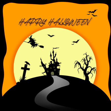 Happy halloween day with pumpkin tree and haunted castle on moonlight wallpaper backgroundの写真素材
