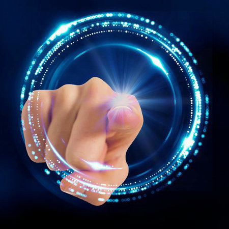 Finger touching a button on a touch screen interface with blue light