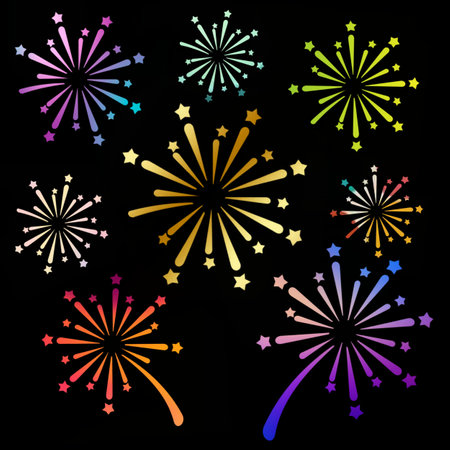 Colorful fireworks celebration seamless pattern graphic wallpaper with black backgroundの写真素材