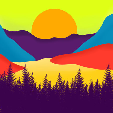 Colorful sunset over the mountains and coniferous forest. Vector illustration.の写真素材