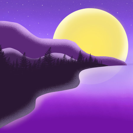 Mountain Forest Lake Landscape View Full Moon starry Night Graphic Wallpaper Backgroundの写真素材