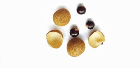 longan fruit isolated on white background. Top view. Flat lay.の写真素材