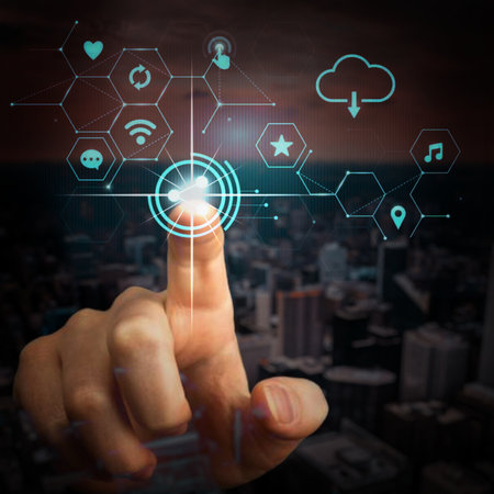 Businessman using touch screen interface with social media icons over cityscape background