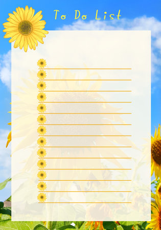 To Do List Note Writing Paper with Sunflowers Frame Pattern Graphic Design Background, Printable Stationery Note Planner, Writing Letter Paper Template Illustration Backgroundの写真素材