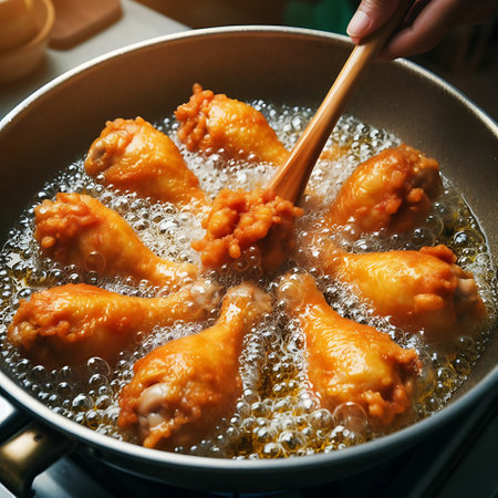 Fried chicken drumsticks in a frying pan. Toned.の素材