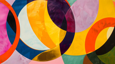 Vibrant abstract painting featuring interlocking circles in bold colors, full of energy and movement.の素材