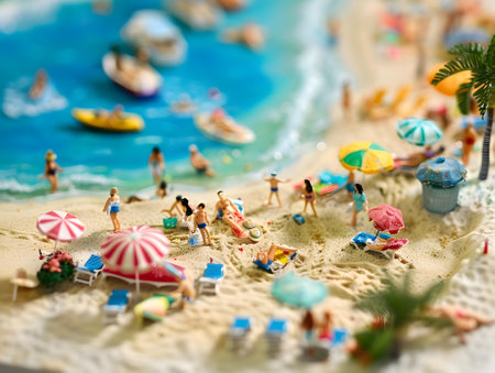Intricate miniature beach scene depicting vacationing figurines, colorful umbrellas, and sandy shores.の素材