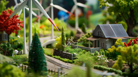 A detailed diorama of a sustainable miniature village featuring a house with solar panels and wind turbines amidst lush greenery.の素材