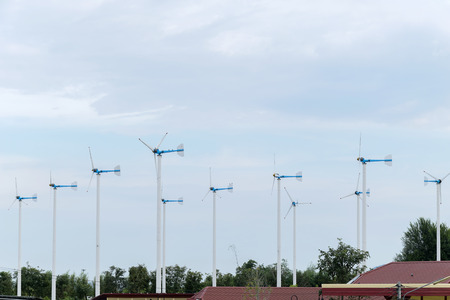 Wind turbines on sunny morning,Aerial view of wind turbine . Sustainable development, environment friendly, renewable energy concept,Eco power.の写真素材