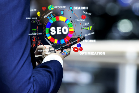 View of hand drawn icons,SEO Search Engine Optimization Internet Digital Concept,marketing e-commerce, online banking payment,VOIP voice over internet protocol technology on mobile smart phone device.の写真素材