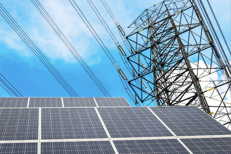 Renewable energy is a necessity of the future world,Golden light, Solar power Cell Future Energy, 
Electricity produced applied used to transmit via a large electric pole.の写真素材
