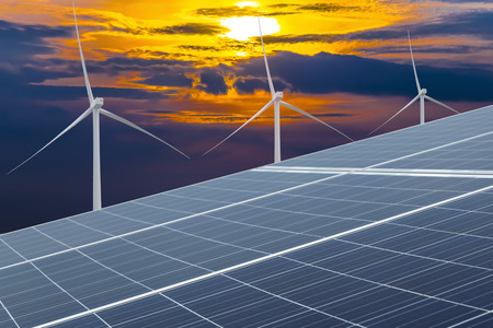 solar cells and wind turbines generating electricity in power station alternative energy from nature Ecology concept,Solar panel, photovoltaic, alternative electricity source - selective focus, copy space.の写真素材
