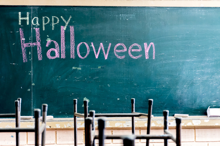 Halloween is celebrated on the night of October 31, We are often referred to as the Pakistani language, Blackboard writing and classroom atmosphere is quiet.の写真素材