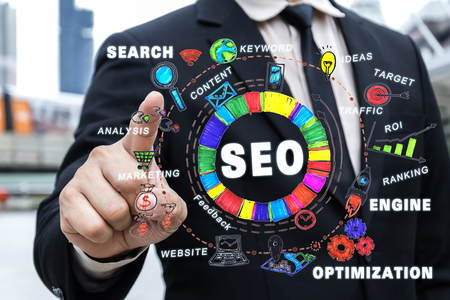 View of hand drawn icons,SEO Search Engine Optimization Internet Digital Concept,marketing e-commerce,online banking payment,VOIP voice over internet protocol technology,Forefinger pointing forward.の写真素材