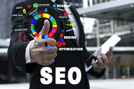 View of hand drawn icons,SEO Search Engine Optimization Internet Digital Concept,marketing e-commerce, online banking payment,VOIP voice over internet protocol technology on tablet device.の写真素材