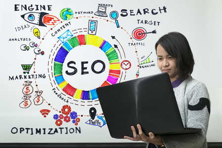 SEO Search Engine Optimization Internet Digital Concept,marketing e-commerce, online banking payment, and VOIP voice over internet protocol technology on mobile smart phone deviceの写真素材