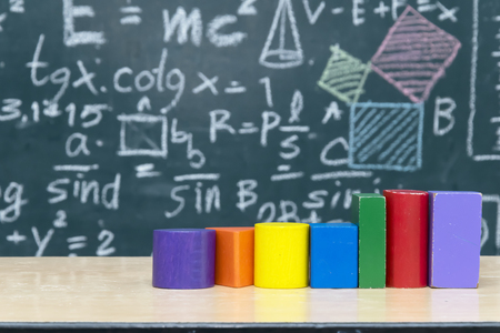 Geometric shapes made of woodr Round shape, square shape Beautiful color,The backdrop is Blackboard with mathematical content,Writing with a variety of colors,To stimulate teaching.の写真素材