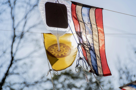 Image of waving Thai flag of Thailand with blue sky background,Dharmachakra flag or Wheel of Dhamma flag is symbol of Buddhism in Thailand,Bo leaf texture, Bodhi leaf.の写真素材