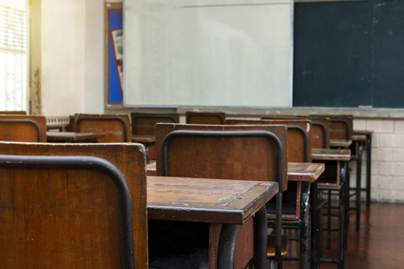 Empty classroom without people school holidays, But tables and chairs, Blackboard is empty there are signs of use for a long time, Human Development Education, nation.の写真素材