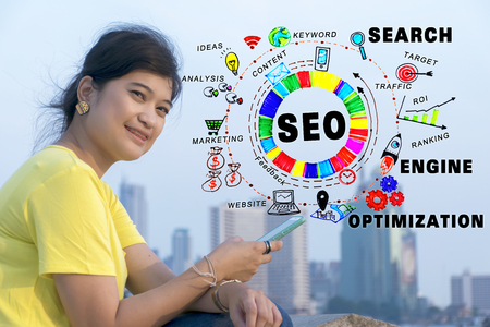SEO Search Engine Optimization Internet Digital Concept,marketing e-commerce, online banking payment, and VOIP voice over internet protocol technology on mobile smart phone deviceの写真素材