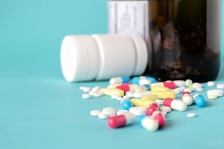 Drug for treatment medication. Pharmaceutical medicament, cure in container for health. Pharmacy...