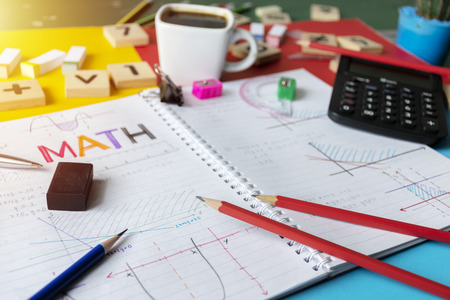 Mathematics Math Algebra Calculus Numbers Concept. School supplies used in math class, geometry or...