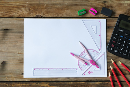 School supplies used in math class, geometry or science. Mathematics geometry tool  for student with copy space for text and isolated on white background. Mathematics concept.Top view.の写真素材
