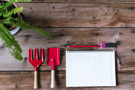 planting equipment. Trowel, Shovel placed on wooden boards. And there are books, pencils, erasers, those pencils. Planning must be systematic.の写真素材