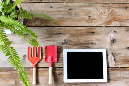 planting equipment. Trowel, Shovel placed on wooden boards. And tablet To use to find good information. Planning must be systematic.の写真素材