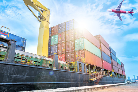 Container warehouse for delivery shipment transport, import export to global logistics concept. by...
