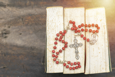 Jesus Christ cross. Easter, resurrection concept. Closeup of aluminum Christian necklace put on holy Bible.の写真素材